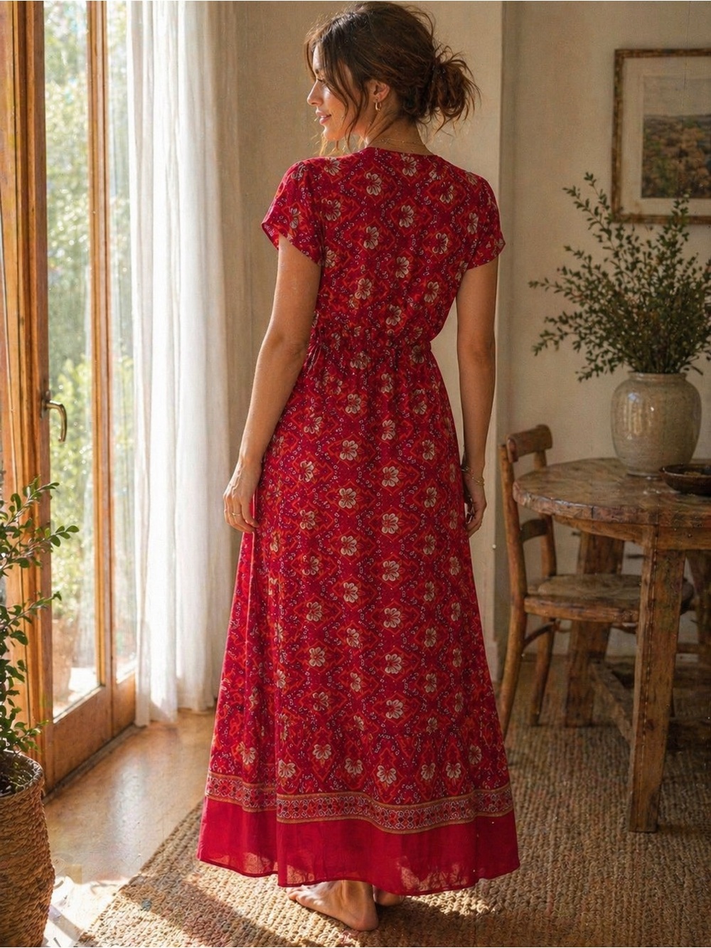 Temofon Red Floral Wrap Midi Dress XS Boho Short Sleeve Tie Waist EUC - Picture 4 of 9